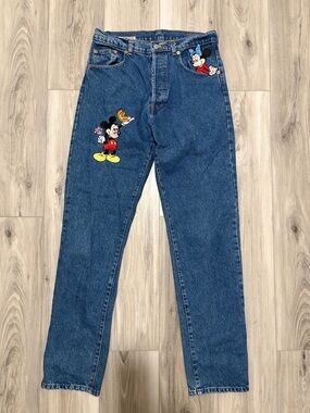Mickey Mouse and Minnie Mouse Embroidered Blue Denim Jeans - Woman’s